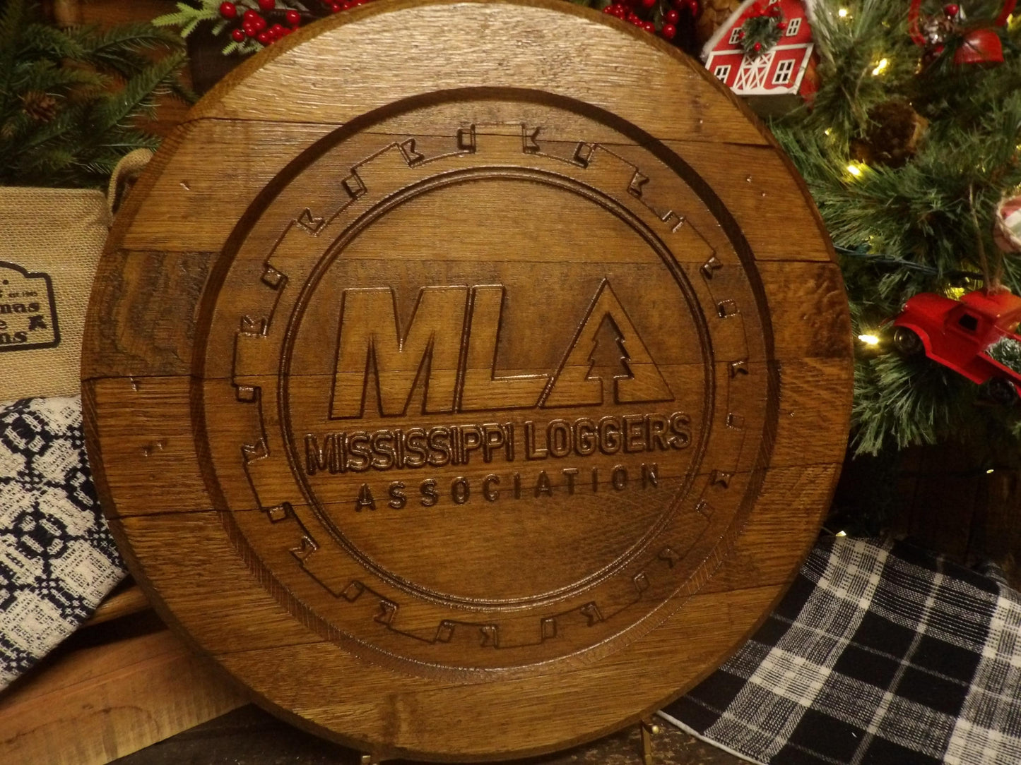 Custom Business Logo Bourbon Barrel Head Sign - 3D Carved