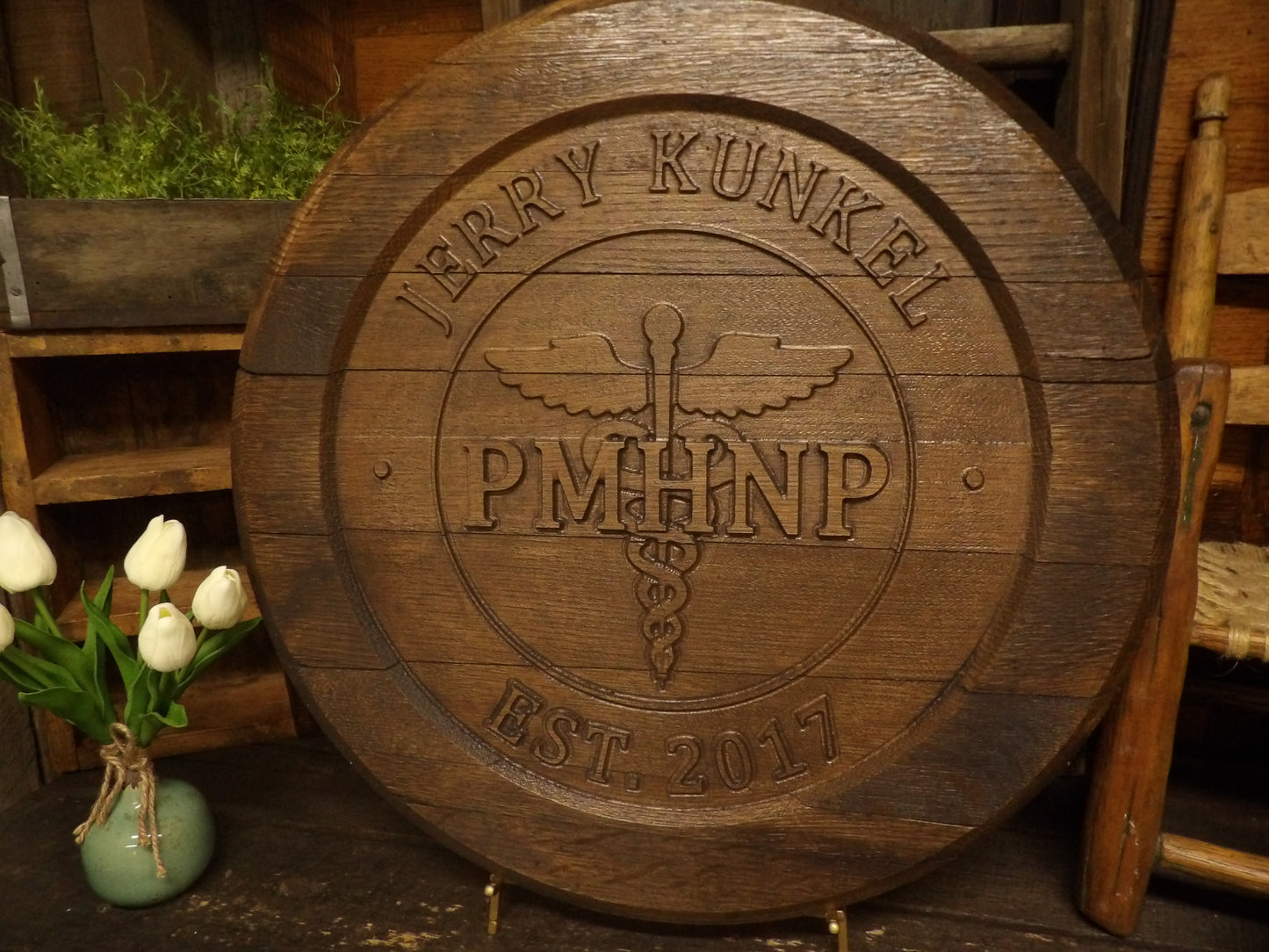 Custom Business Logo Bourbon Barrel Head Sign - 3D Carved