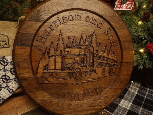 Custom Business Logo Bourbon Barrel Head Sign - 3D Carved