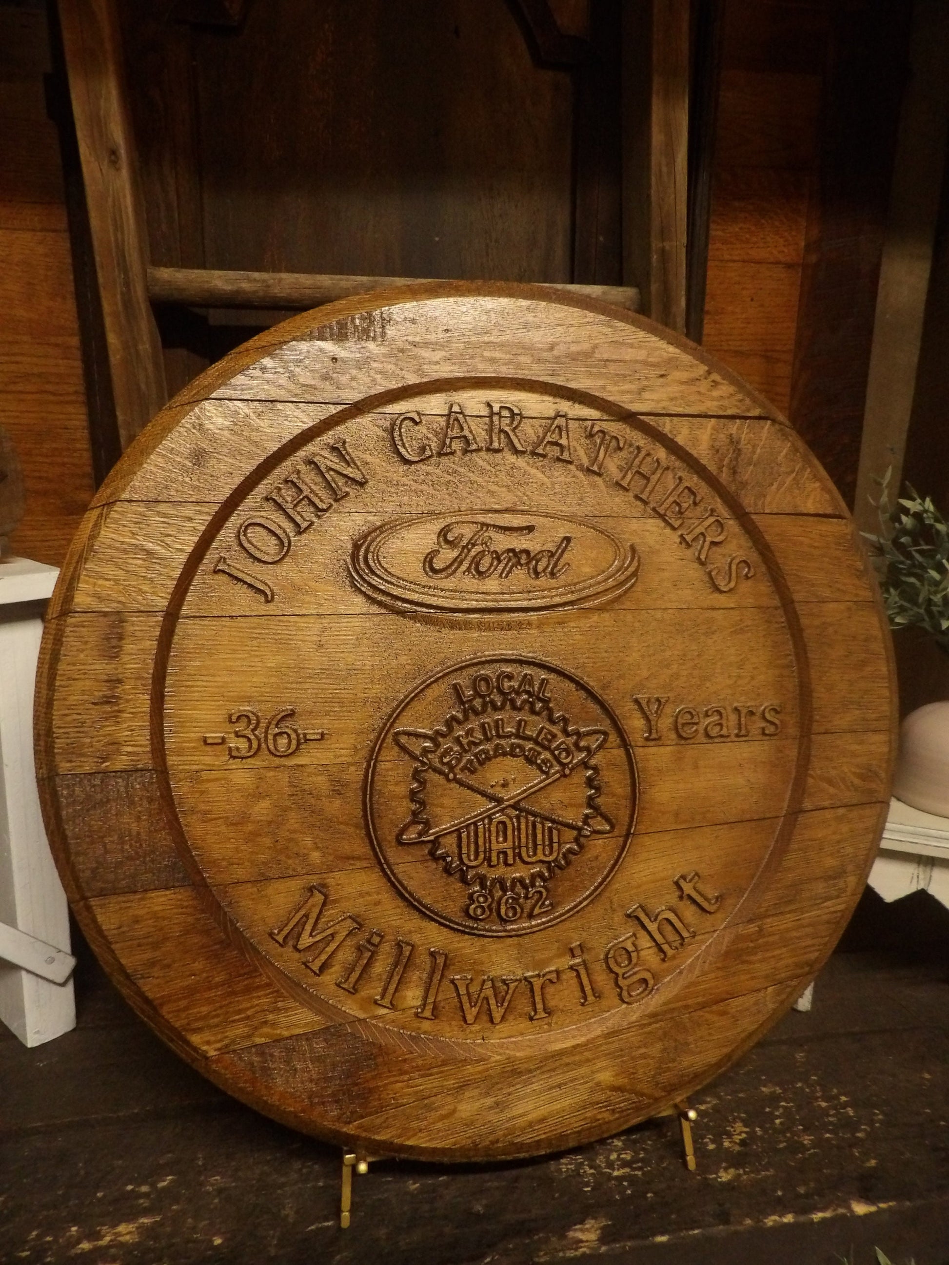 Custom Business Logo Bourbon Barrel Head Sign - 3D Carved