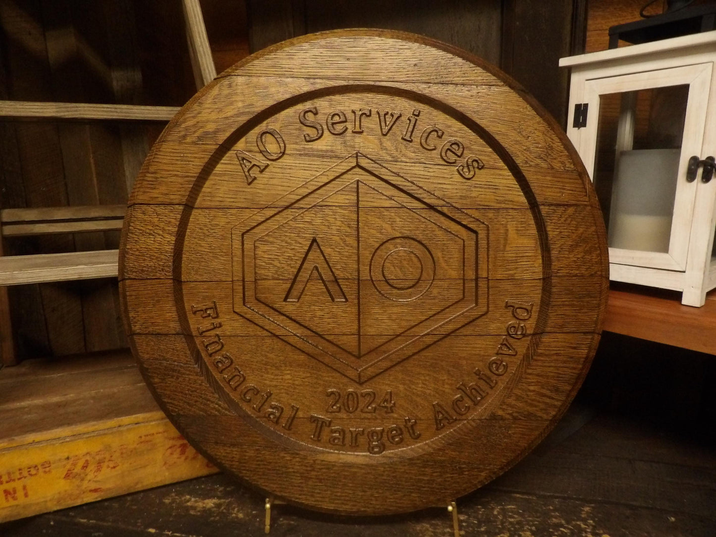 Custom Business Logo Bourbon Barrel Head Sign - 3D Carved